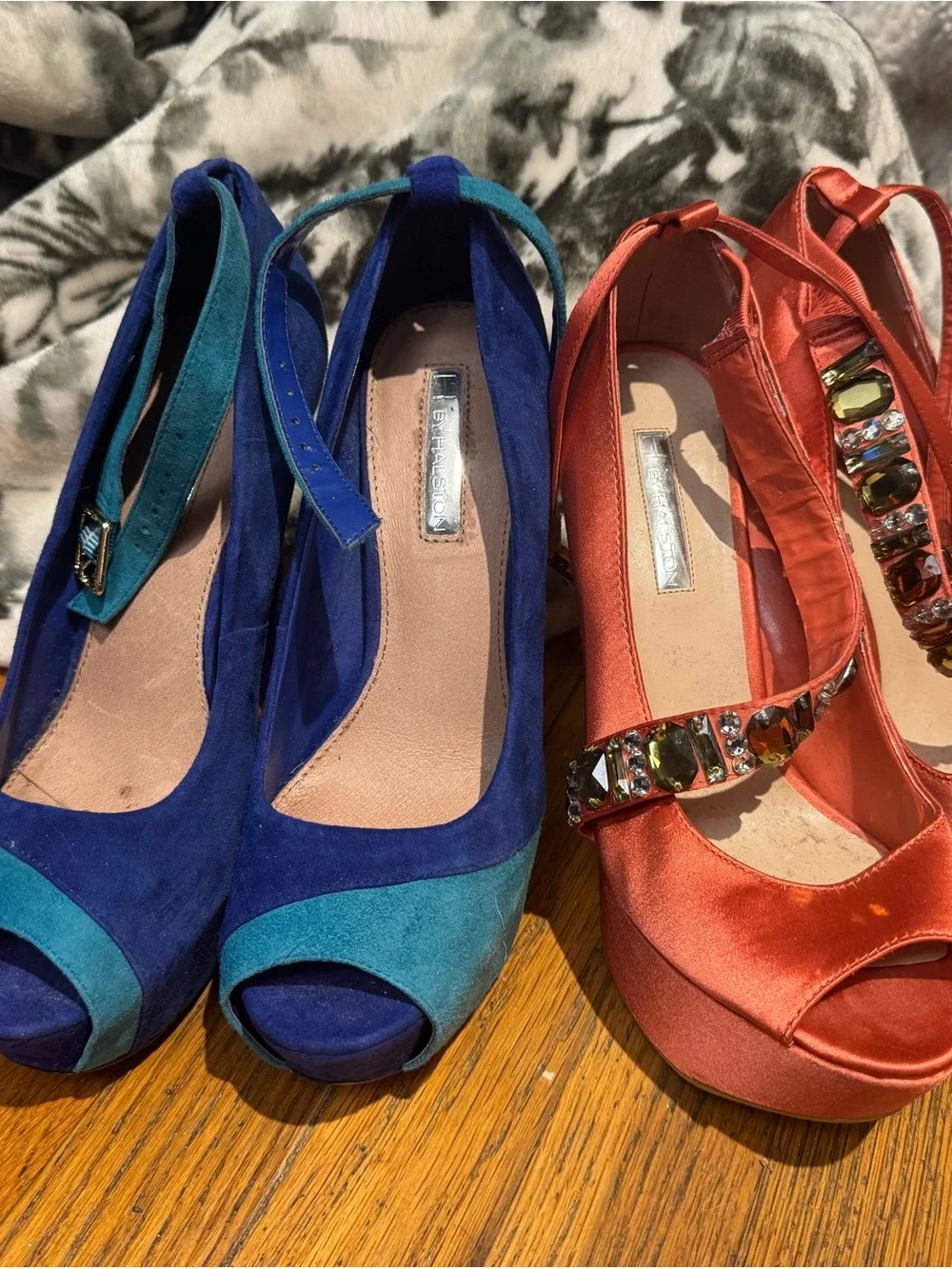 Blue & Teal Suede Peep-Toe Heels with Ankle Strap Halston heels